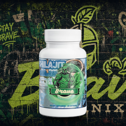 Brave Botanix Shilajit Samurai Capsules on graffiti mural background