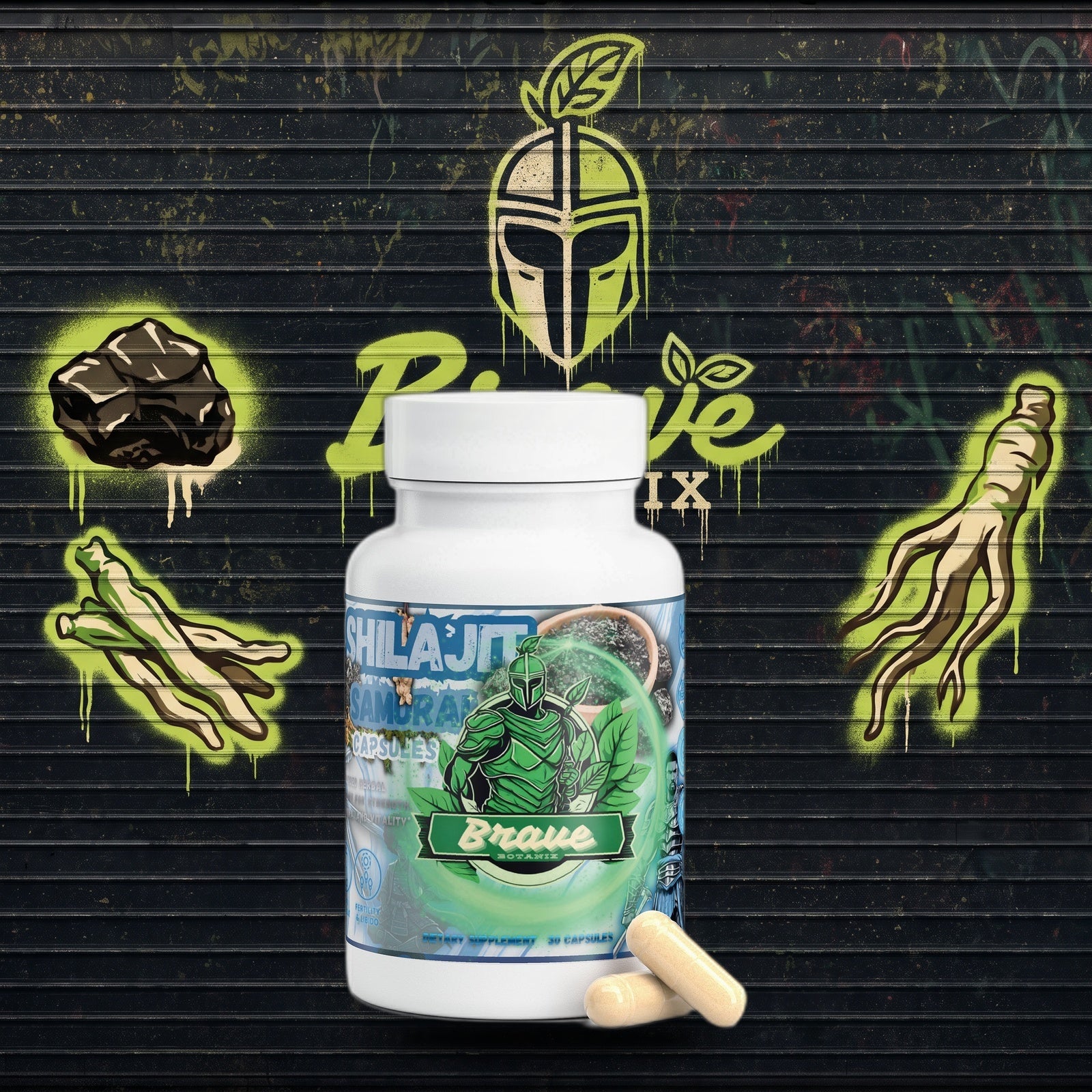 Shilajit Samurai Capsules graffiti mural mockup