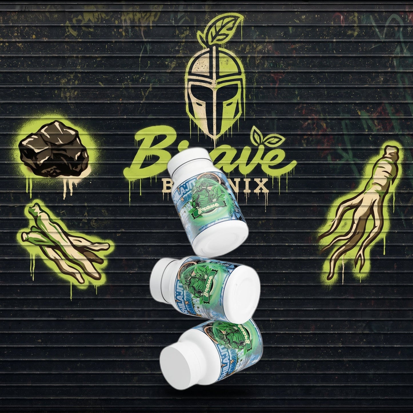 Shilajit Samurai Capsules graffiti mural mockup