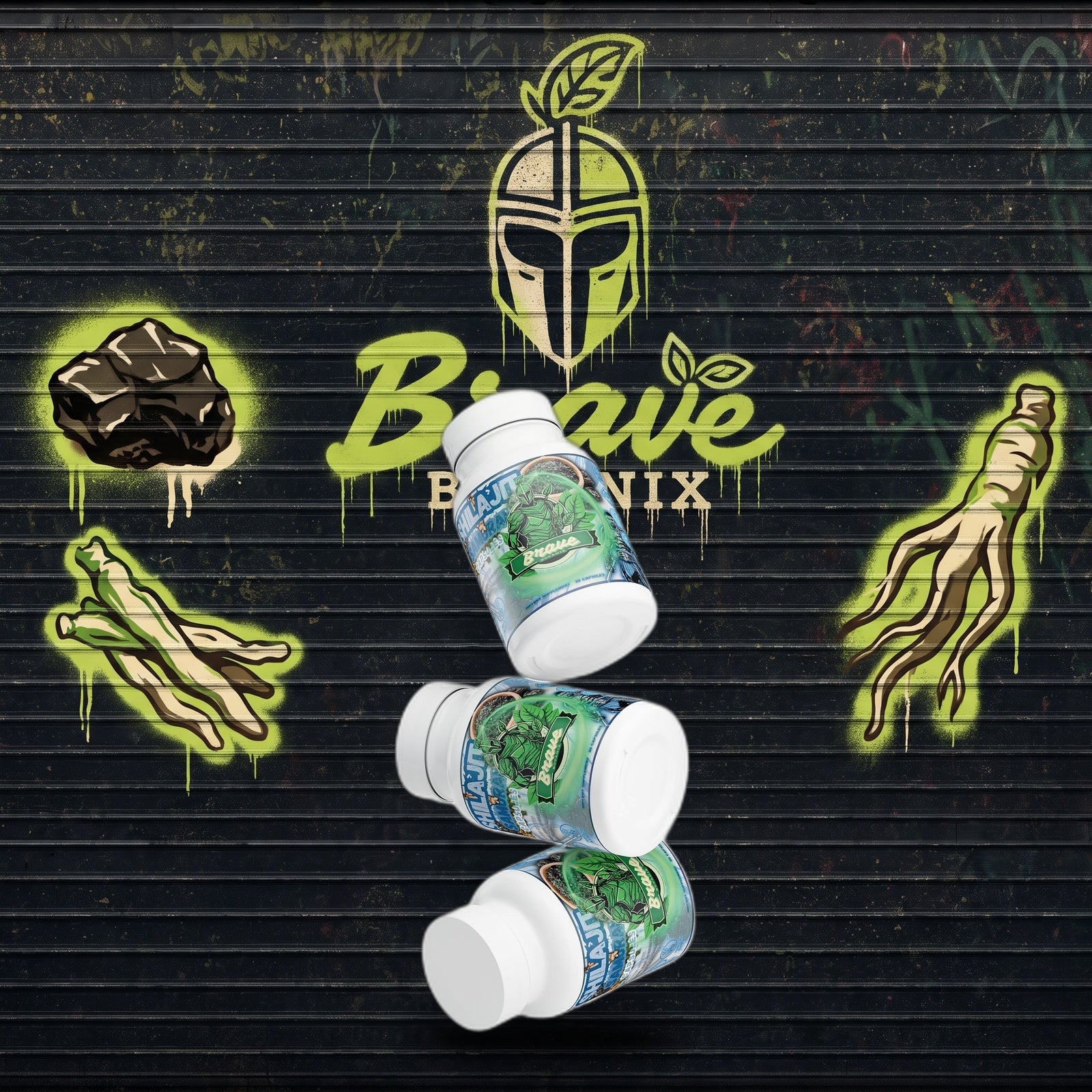 Shilajit Samurai Capsules graffiti mural mockup