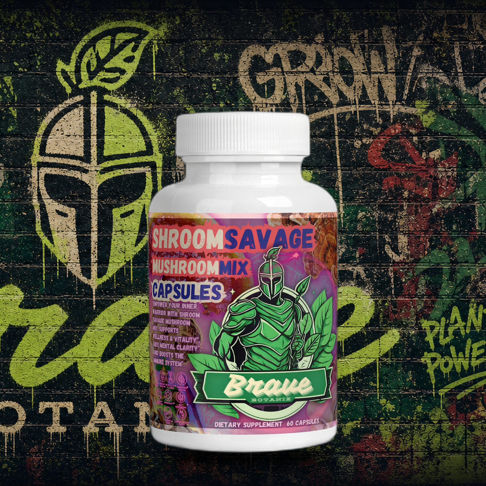 Brave Botanix Shroom Savage 10-Mushroom Blend on graffiti mural background