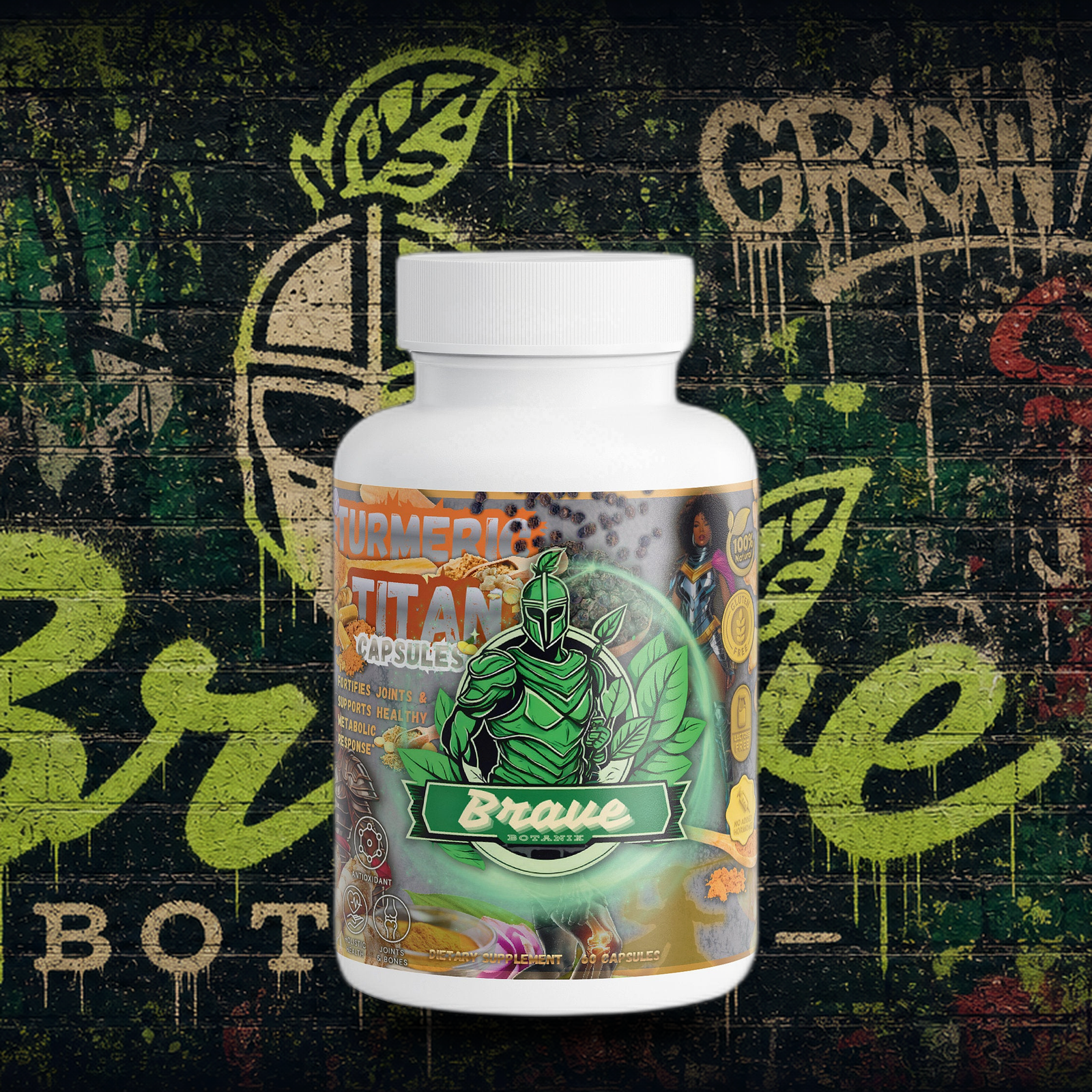 Brave Botanix Turmeric Titan Capsules on graffiti mural background