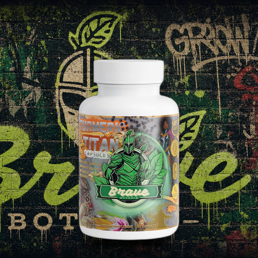 Brave Botanix Turmeric Titan Capsules on graffiti mural background
