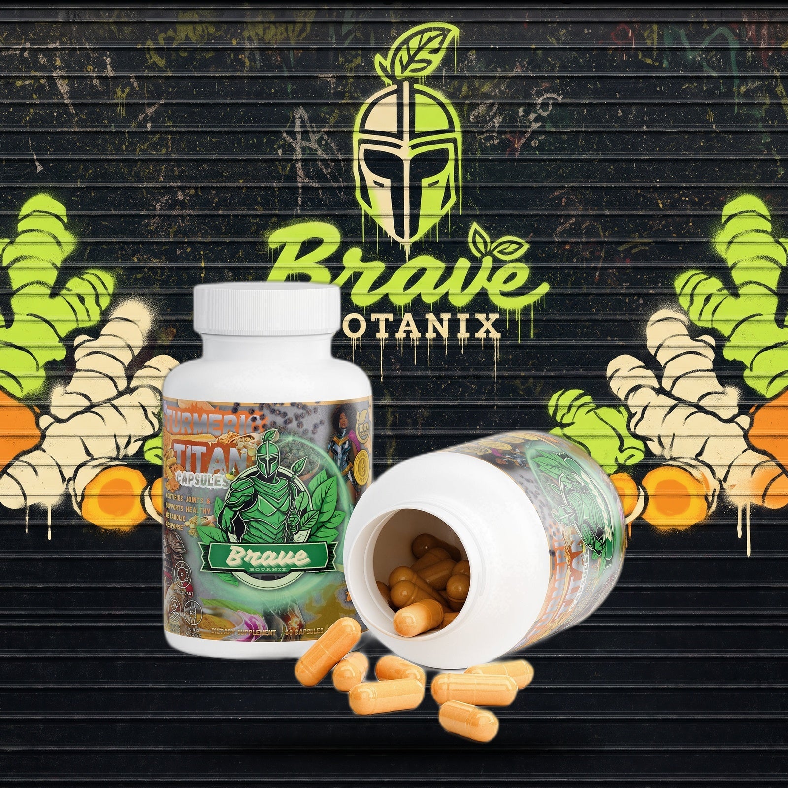 Turmeric Titan Capsules graffiti mural mockup