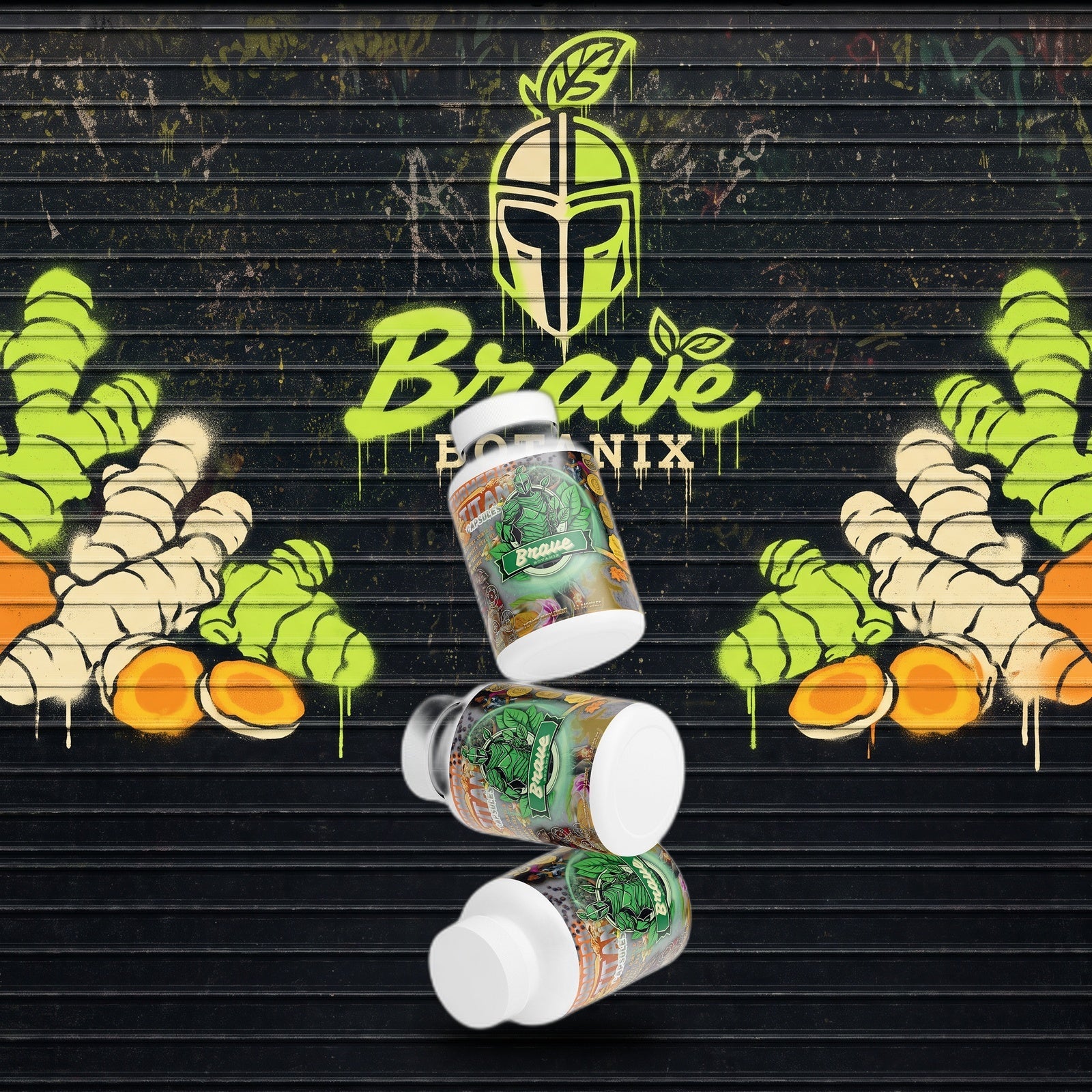 Turmeric Titan Capsules graffiti mural mockup