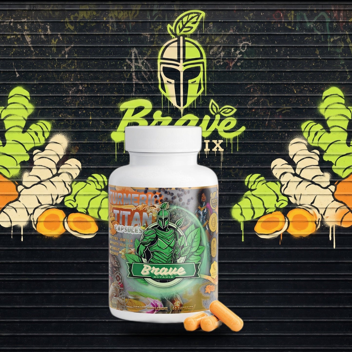 Turmeric Titan Capsules graffiti mural mockup