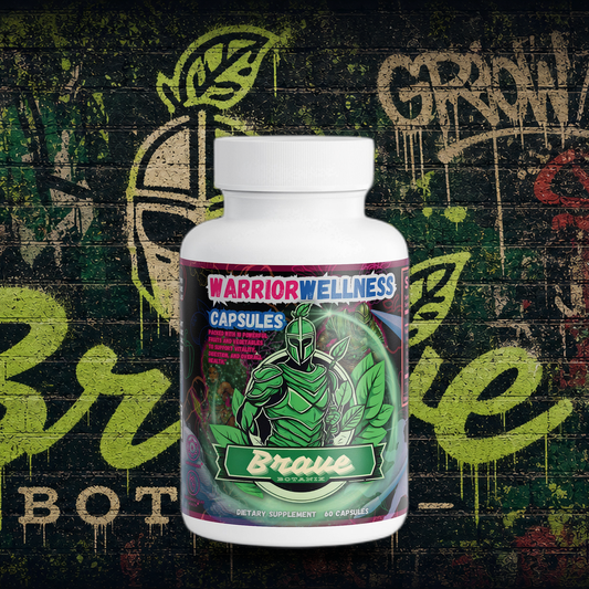Brave Botanix Warrior Wellness Capsules on graffiti mural background