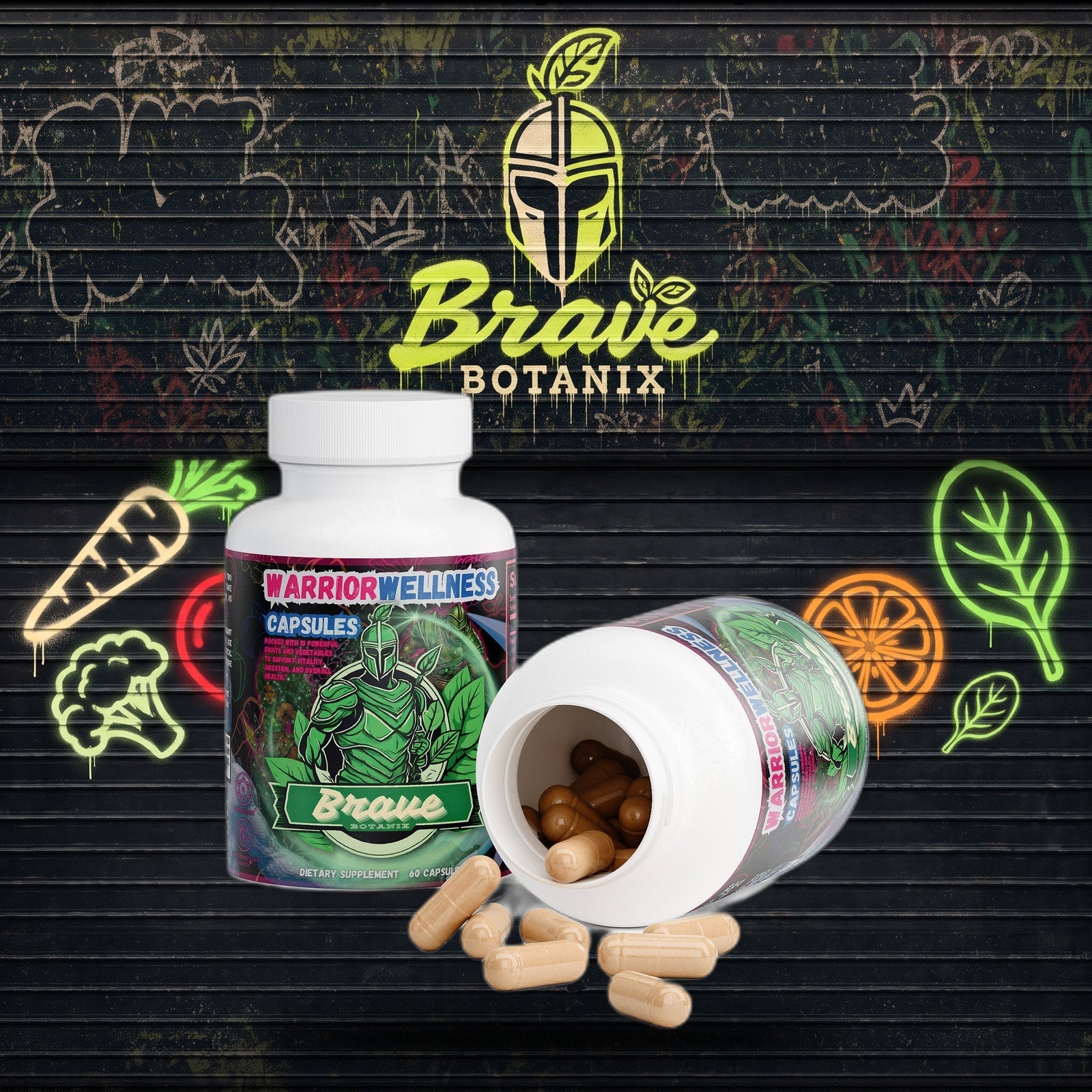 Warrior Wellness Capsules graffiti mural mockup