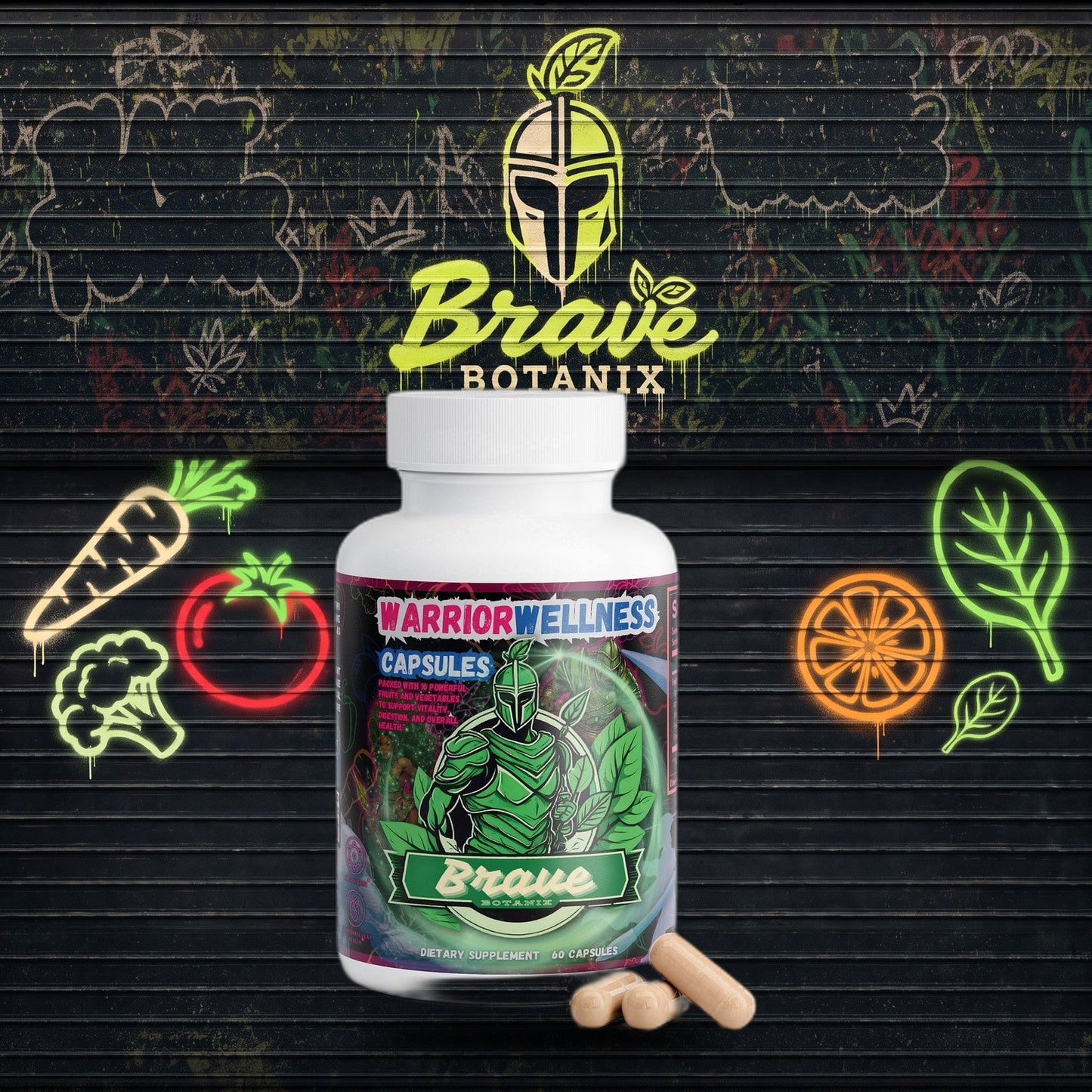 Warrior Wellness Capsules graffiti mural mockup